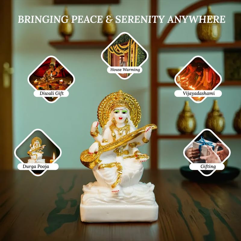 Ekhasa Aura Series Marble Dust Maa Saraswati Idol (5 Inch) | Gold Plated Saraswati Maa Murti For Study Table, Pooja Room & Home
