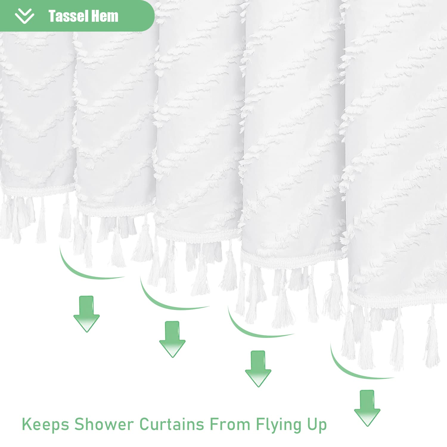 Dynamene Boho Farmhouse Shower Curtain, White Fabric Tufted Chevron Striped Textured Tassel Shower Curtains For Bathroom, Water