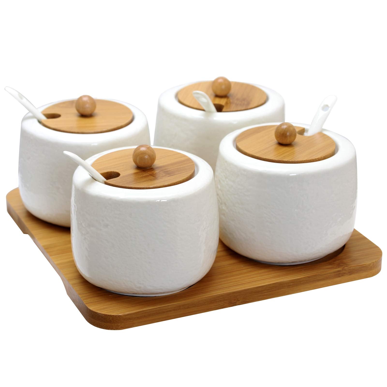 Elama Spice, Jam, Salsa, and Seasoning Ceramic Condiment Serving Jars, 13 Piece, Short Round in White and Natural Bamboo
