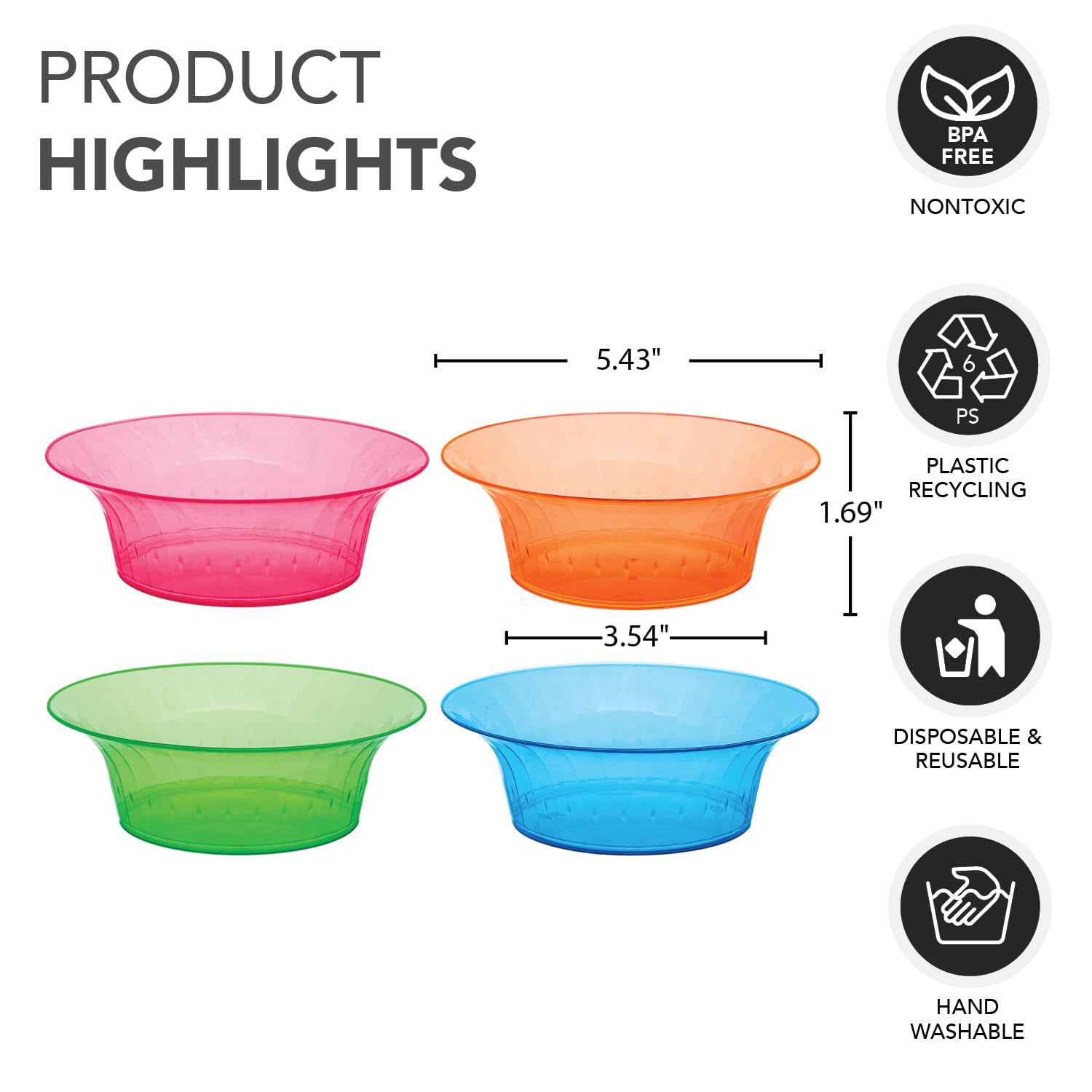 Party Essentials Salad/Snack Bowls, Hard Plastic, 10 Oz, Assorted Neon