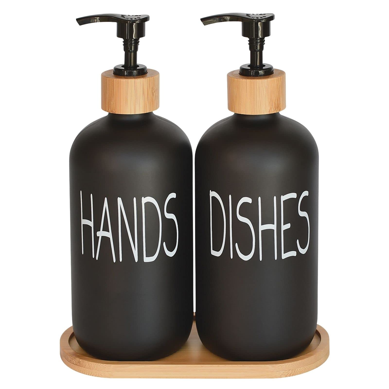 Glass Soap Dispenser Set. Hand Soap And Dish Soap Dispenser With Bamboo Tray. Vintage Soap Dispenser With Pump For Kitchen Sink