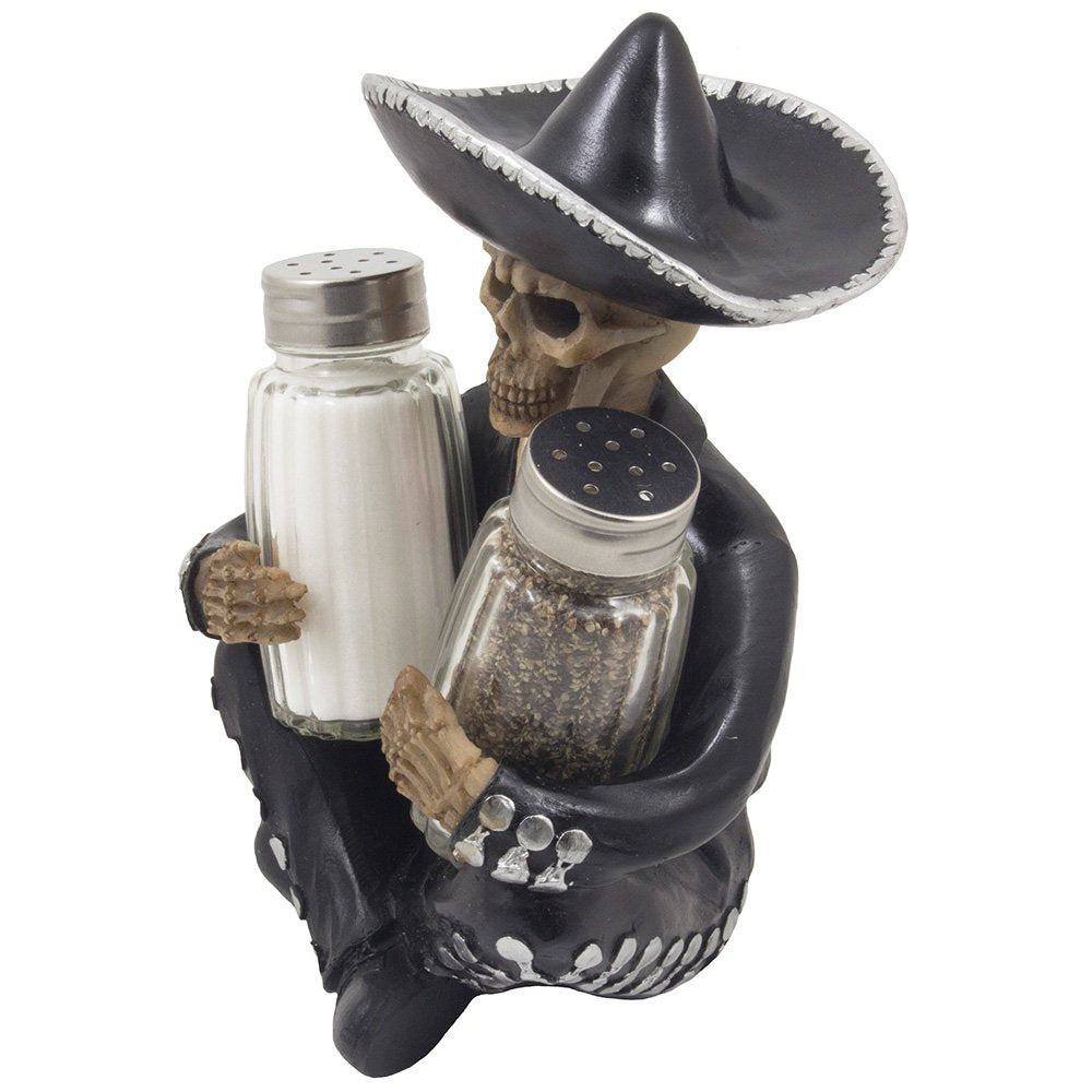 Dia de Los Muertos Mariachi Skeleton Salt and Pepper Shaker Set with Decorative Figurine Holder for Day of the Dead Mexican Fest