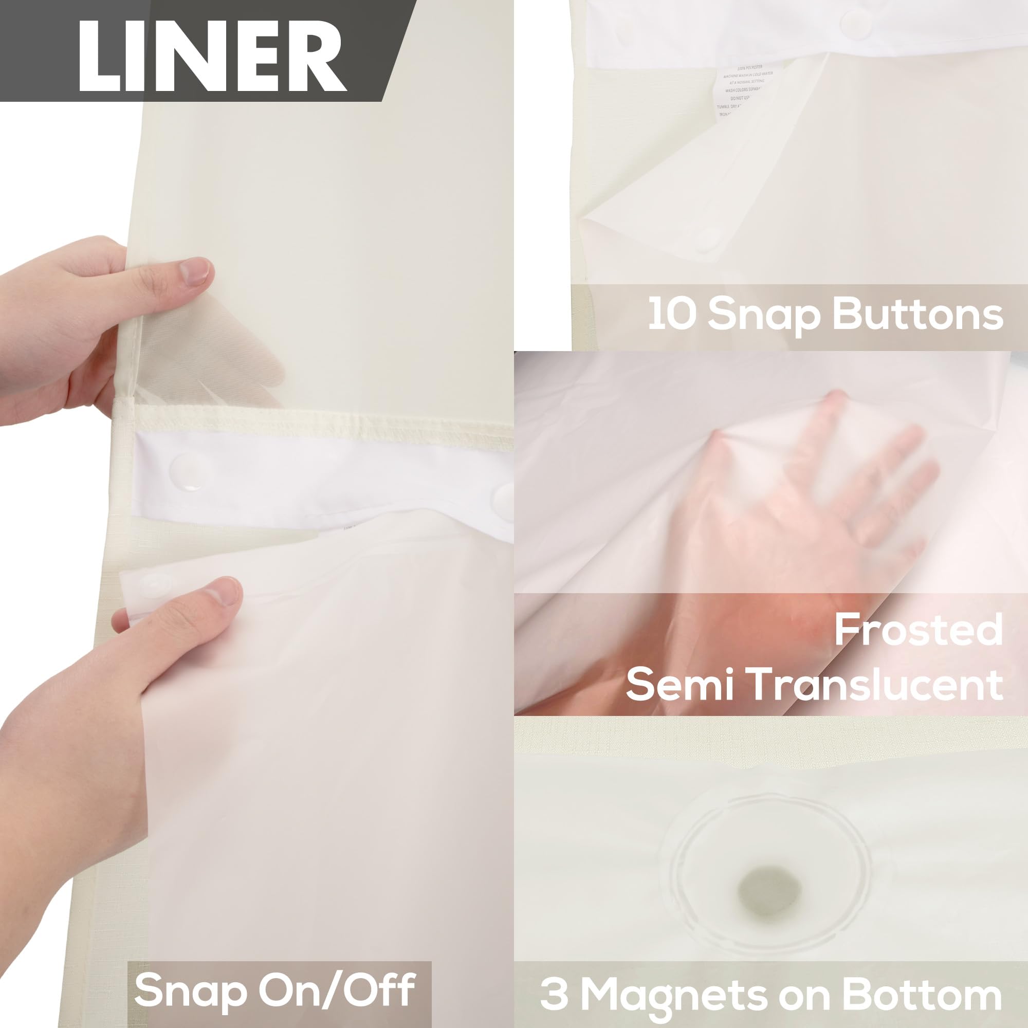 No Hook Slub Textured Shower Curtain with Snap-in PEVA Liner Set - 71'' x 74''(72'')  Hotel Style Cream Shower Curtain with Sheer Top Window  Water Repellent  Sand  W71xH72
