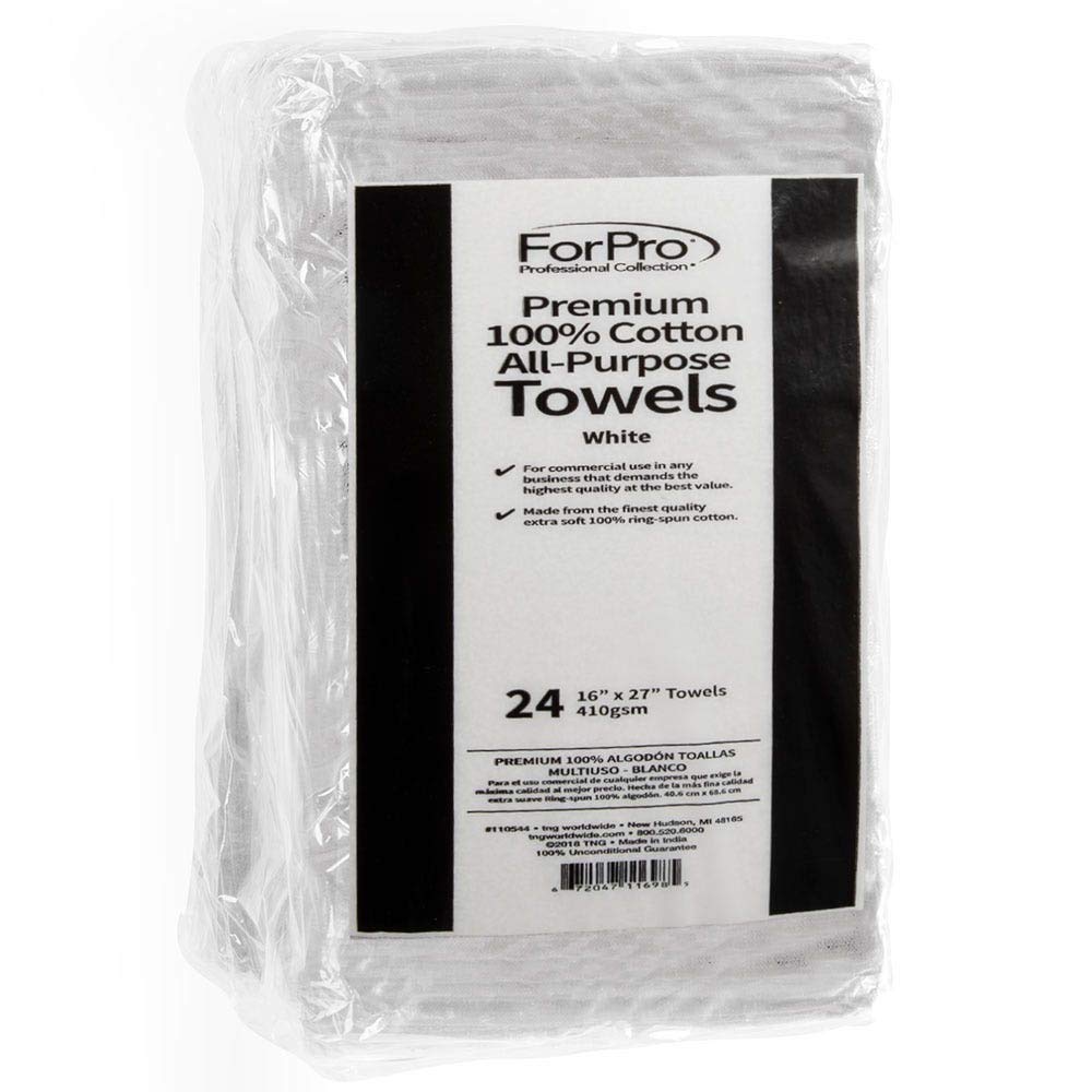 ForPro Premium 100% Cotton All-Purpose Towels, White, Extra Soft Multi-Purpose Salon, Spa, Hotel, and Gym Towel, 16    W x 27