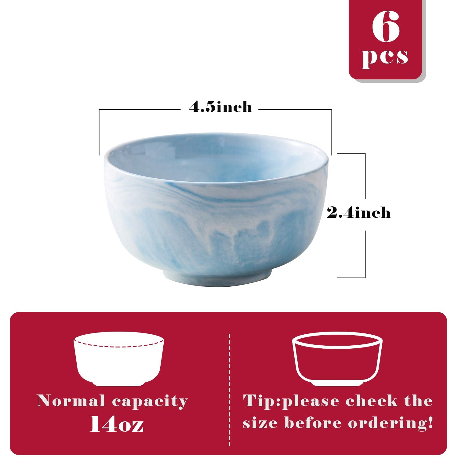 Yundu 14 Ounce Blue Marble Porcelain Bowls Ice Cream, Dessert, Cereal Bowls, Microwave And Dishwasher Safe, Set Of 6