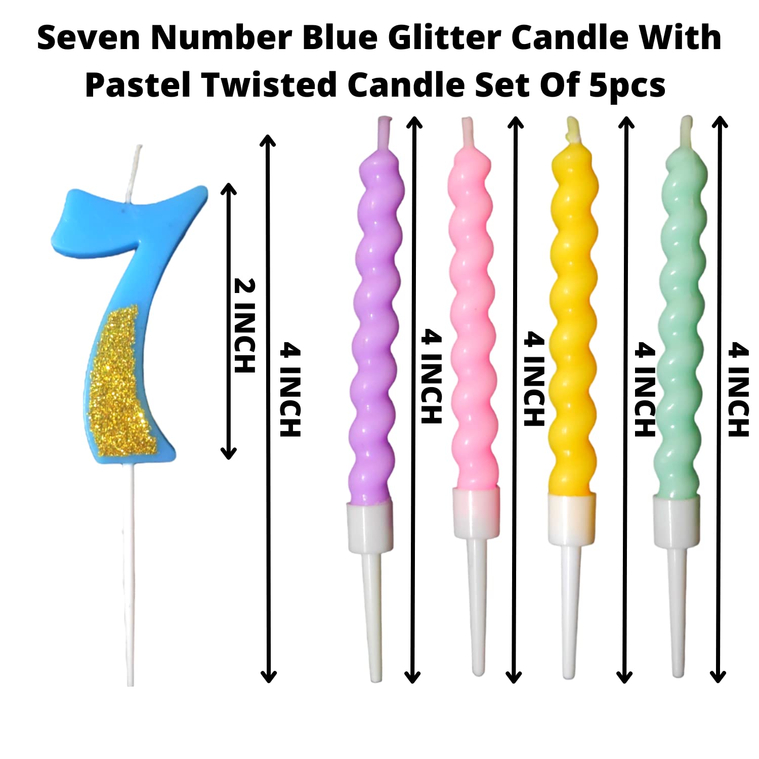 Party Decorz Number 7 Candle | Seven Number Candle | Seven Number Blue Glitter Candle with Pastel Twisted Candle Set of 5pcs for