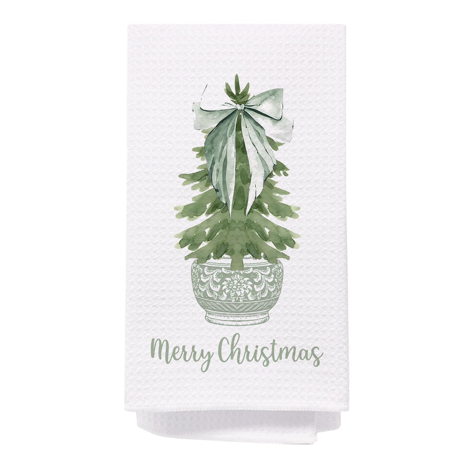Merry Chinoiserie Christmas Kitchen Towels, Sage Green Porcelain Chinoiserie Christmas Tree Hand Towels For Bathroom,Christmas B
