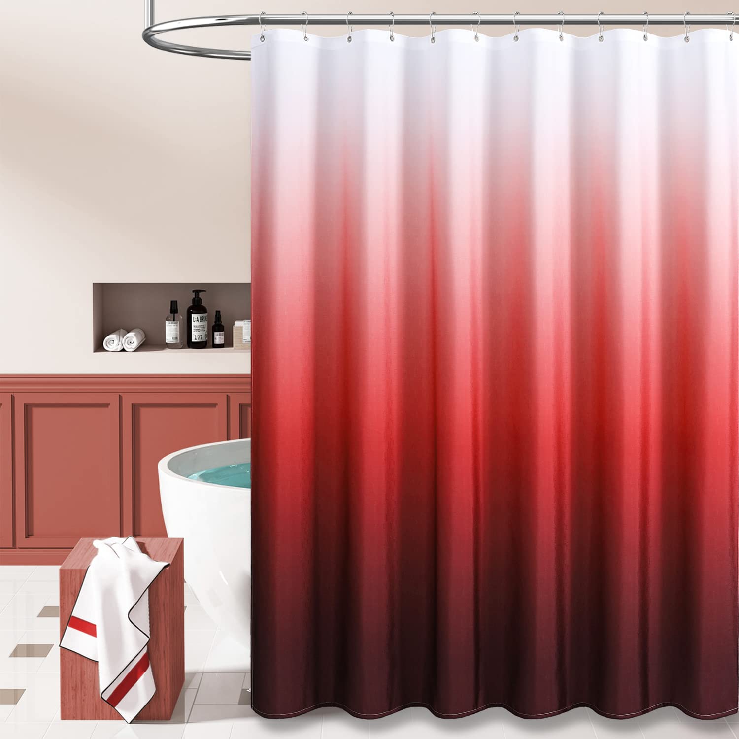 BTTN Extra Long Shower Curtain - 84 Inch Ombre Linen Textured Weighted Fabric Shower Curtain Set with Metal Hooks  Large Hotel Spa Luxury Curtains for Bathroom Showers and Bathtub  72x84  Burgundy/Red