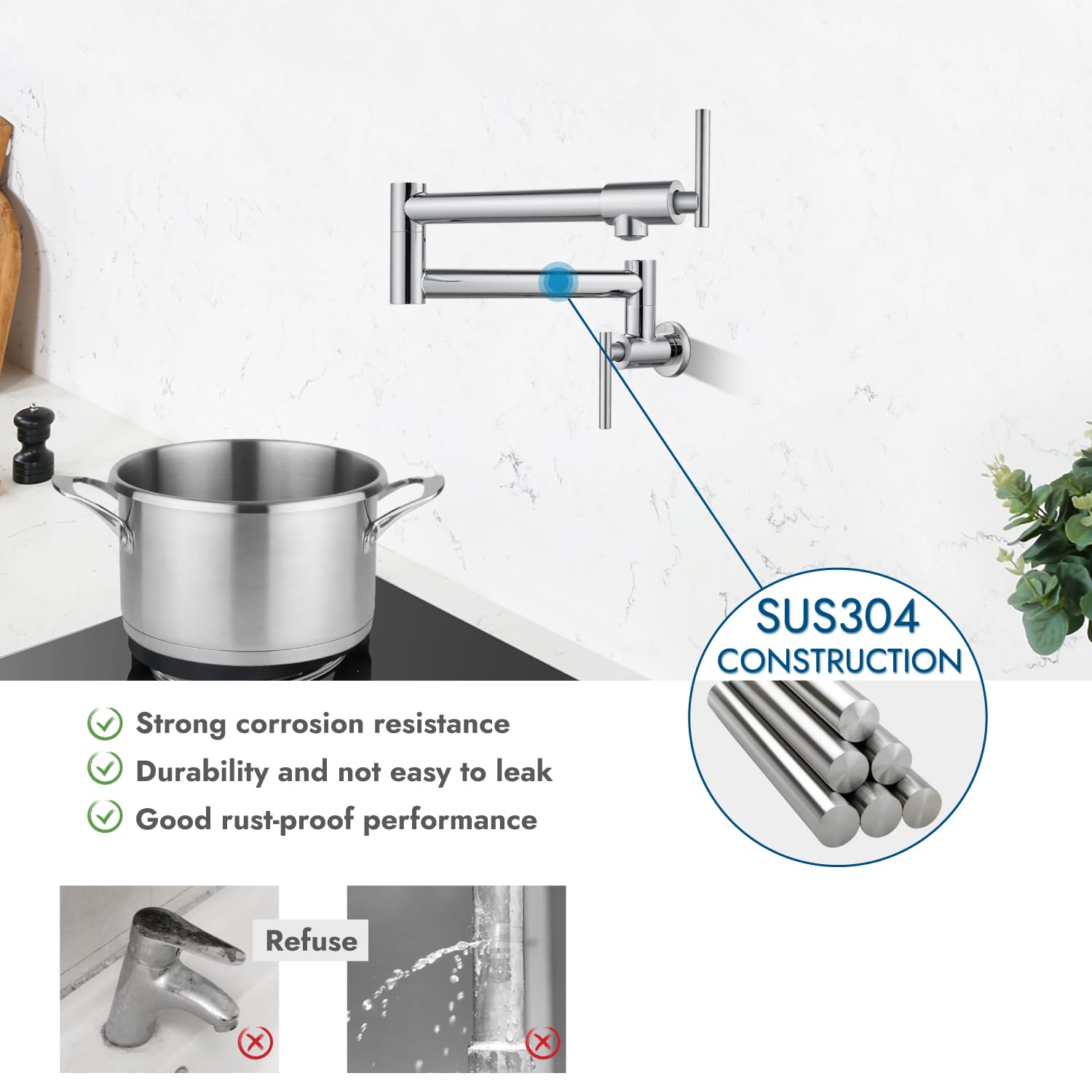 Cinwiny Pot Filler Wall Mounted Polish Chrome Kitchen Sink Faucet Stainless Steel Single Hole Double Handle Stretchable Commerci