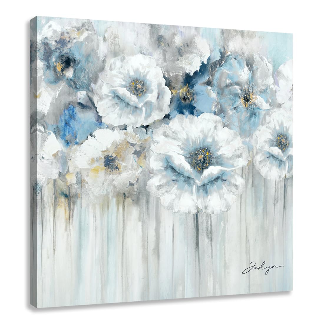 Abstract Flower Pictures Decor Wall Art - White Floral Canvas Print With Gold For Blue Bedroom Bathroom, Framed Size 24X24