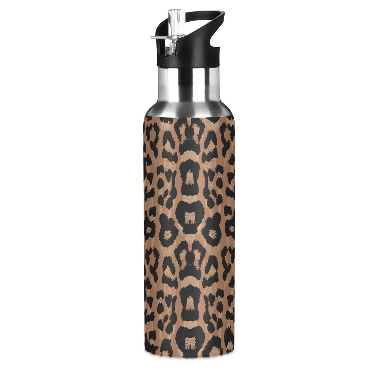 senya Water Bottle Handle Straw Lid Cheeteh Leopard Print Vacuum Insulated Stainless Steel Water Bottle Leak Proof Sports Coffee