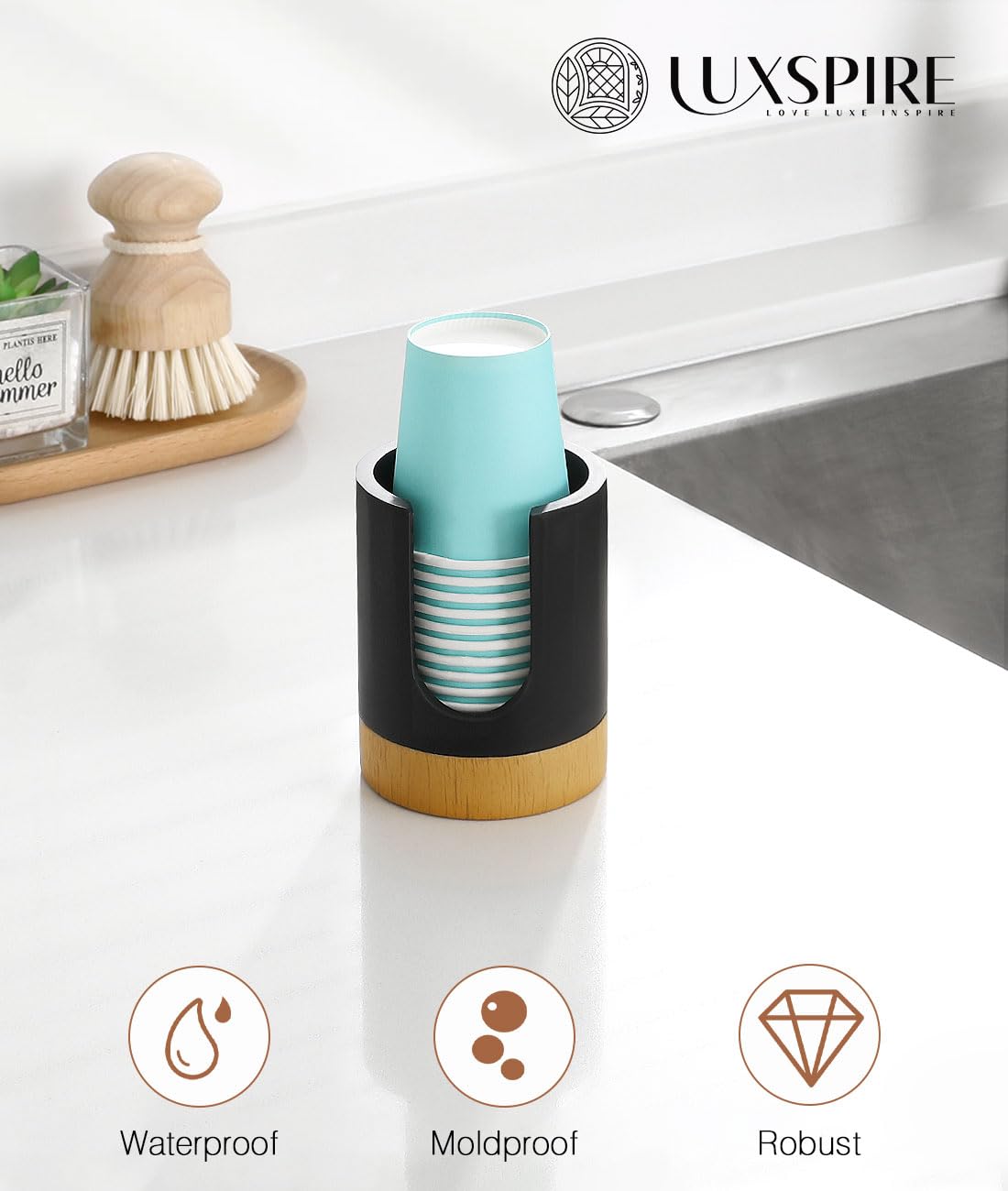 Luxspire Bathroom Cup Dispenser, 3oz Resin Holder, Disposable Paper Cup & Cotton Pad Organizer, Matte Black