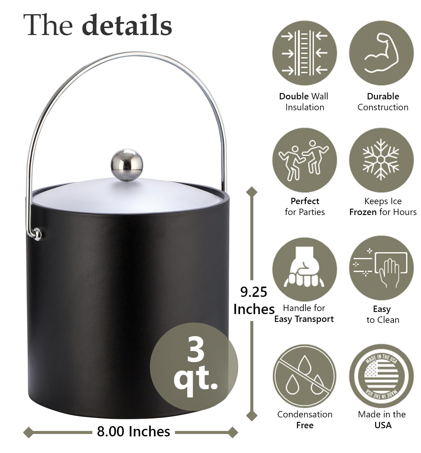 Kraftware Bartenders Choice Fun Colors Collection Ice Bucket 3-Quart, Black, Double Wall Construction, Keep Ice Perfectly Chille