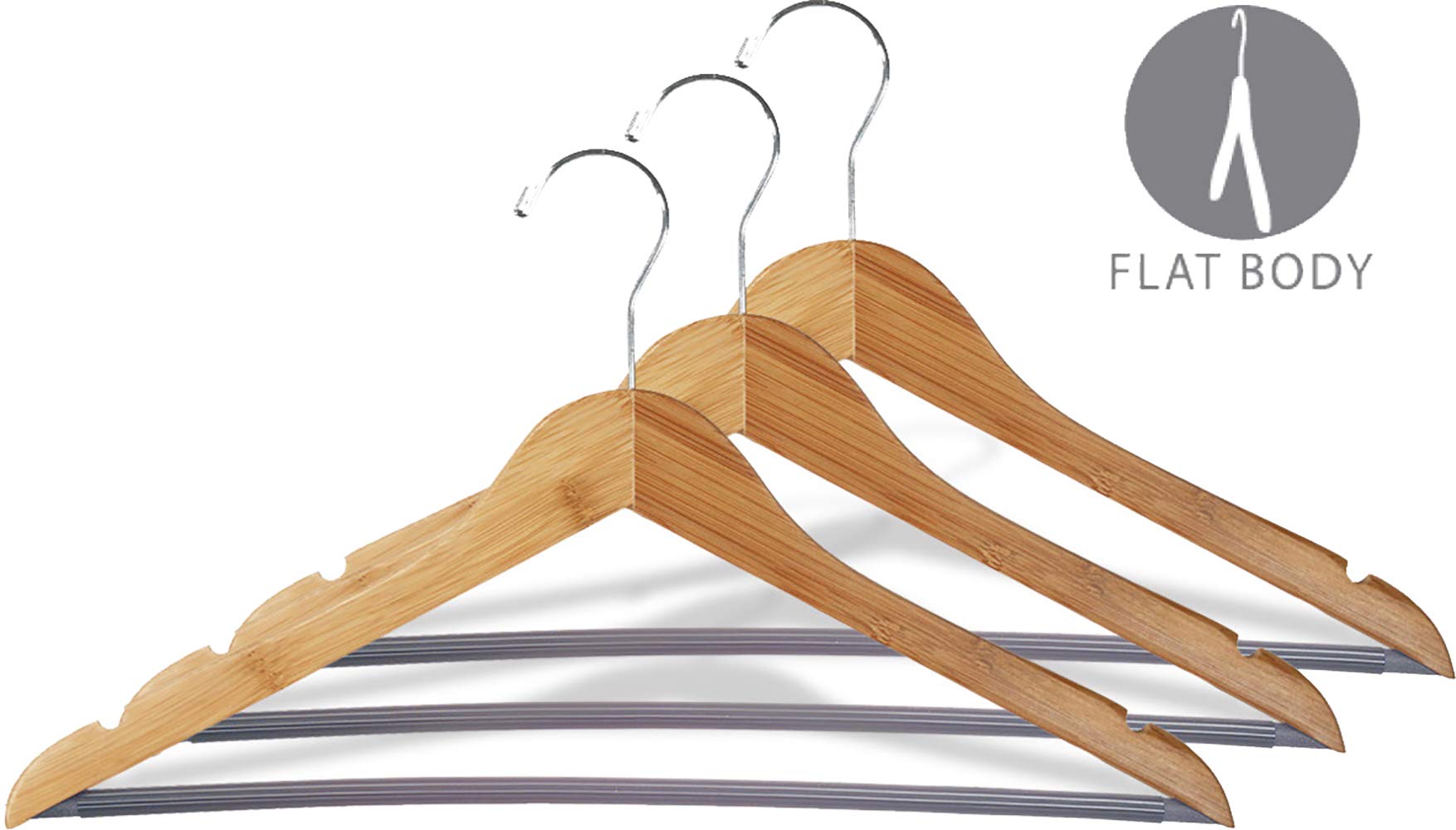 Bamboo Suit Hanger With Black Vinyl Bar, Eco-Friendly 17 Inch Flat Wooden Hangers With Lacquer Finish & Chrome Swivel Hook For (