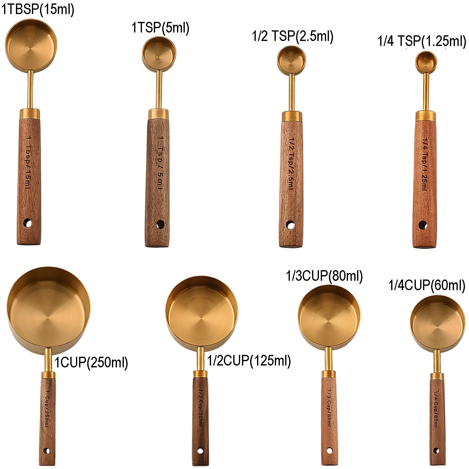 Dadamong Measuring Cups And Spoons Set Of 8, Stainless Steel Gold Measuring Cups Kit With Wooden Handle, Kitchen Cooking Baking