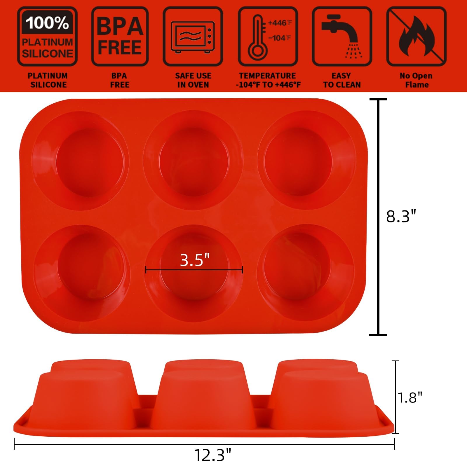 Caketime Jumbo Muffin Pan, 3.5 Inch Large Muffin Pan 6 Cup Silicone Jumbo Muffin Tin For Baking Food Grade Silicone Non Stick