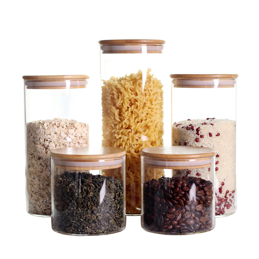 Leaves And Trees Y Stackable Kitchen Canisters Set, Pack Of 5 Clear Glass Food Storage Jars Containers With Airtight Bamboo Lid