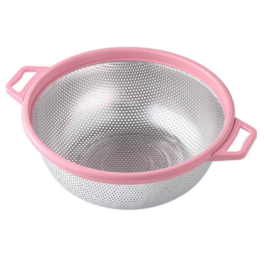 Hiramware Stainless Steel Colander With Handle And Legs, Large Metal Pink Strainer For Pasta, Spaghetti, Berry, Veggies, Fruits,
