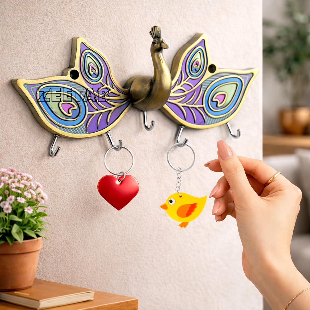 Zeetab 3D Peacock Key Holder, Metal Handicraft Bird Key Hanger Stand, Wall Mount Home Decor Gift (Antique Brass)