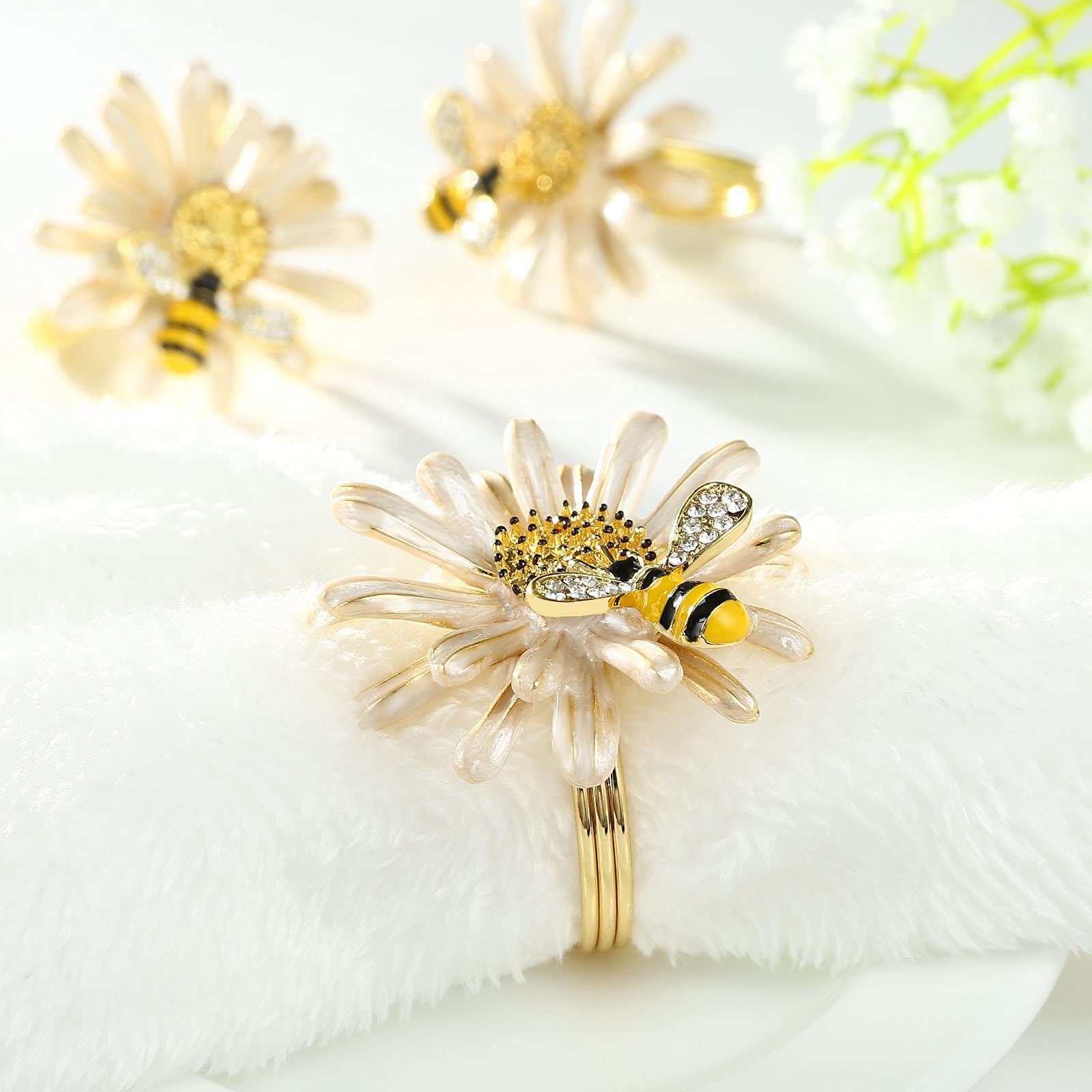 Kesote Daisy Sunflower Napkin Rings Set of 6  Gold Bee Napkin Ring Holders for Formal or Casual Dinning Table Decor