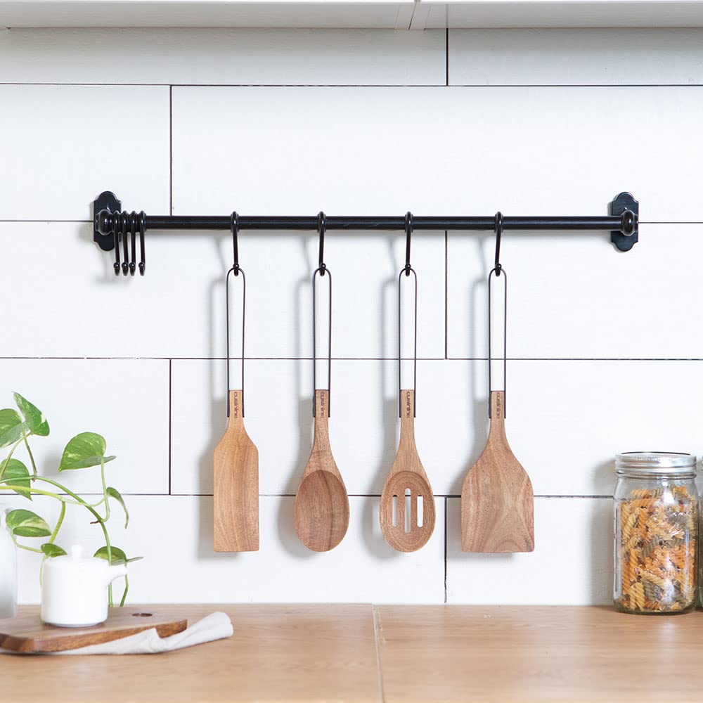 Wooden Utensils For Cooking For Kitchen Acacia Wood, Beautiful Modern Design, Rustic Wood Heads And Stainless-Steel Handles, Scr
