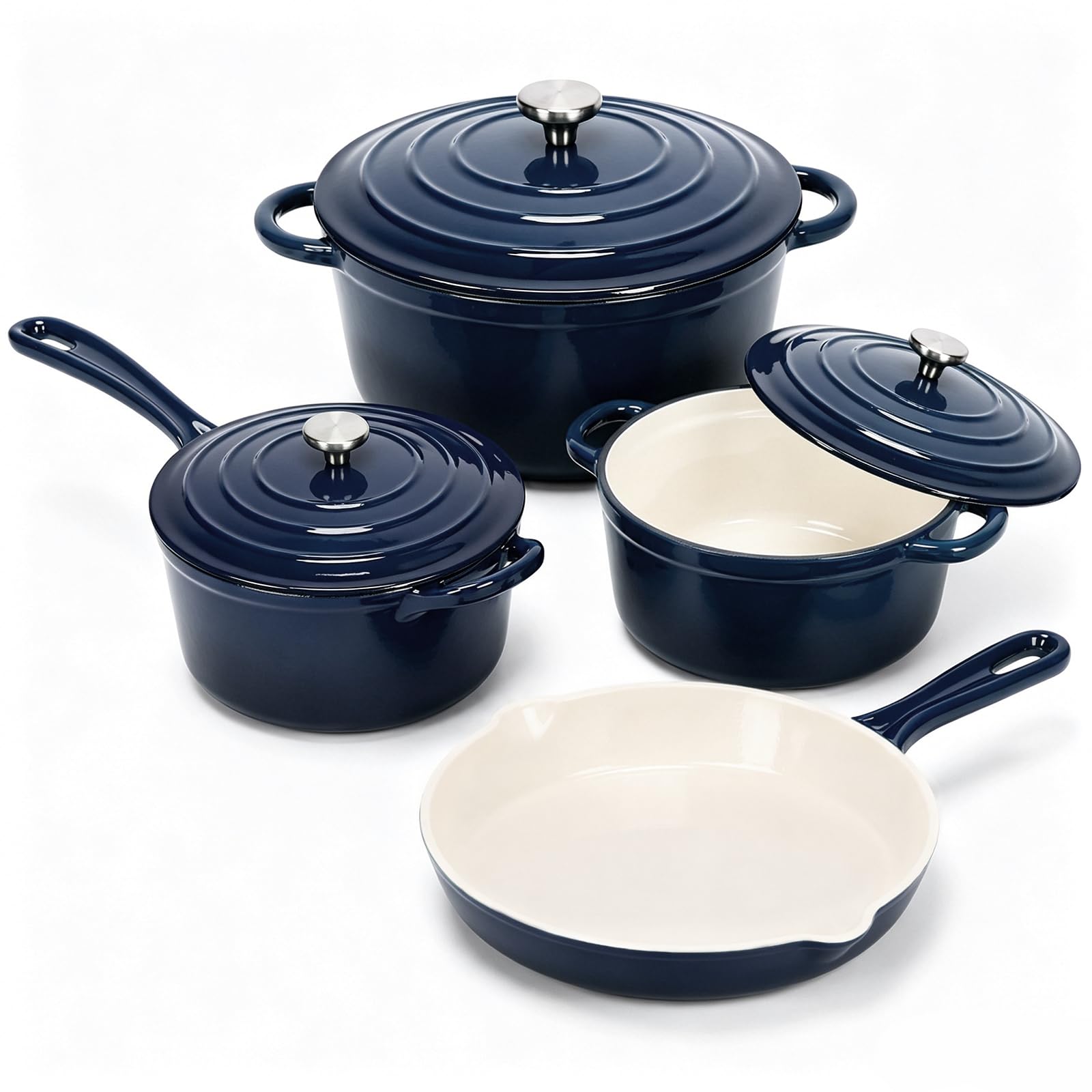 4Piece Enameled Cast Iron Cookware Set with Lids, Skillet, Navy Blue