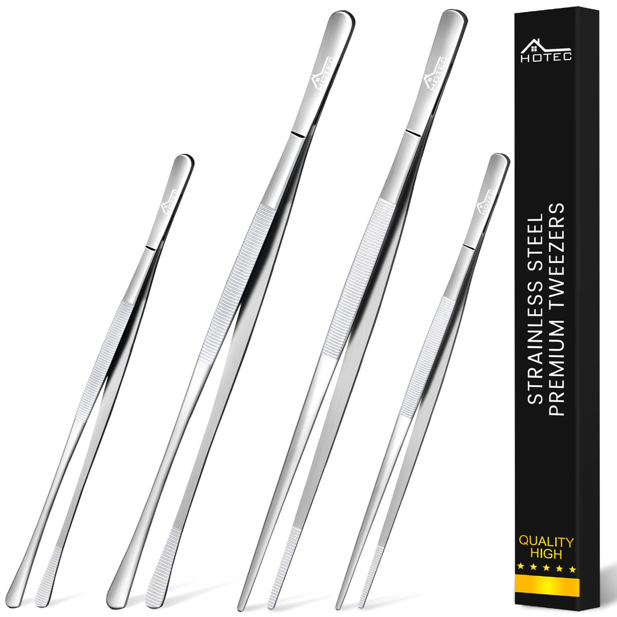 Hotec Kitchen Tweezers Stainless Steel Tongs Fine Kitchen Tongs For Cooking,Grill And Baking, Extra-Long Foood Tweezers, Set Of