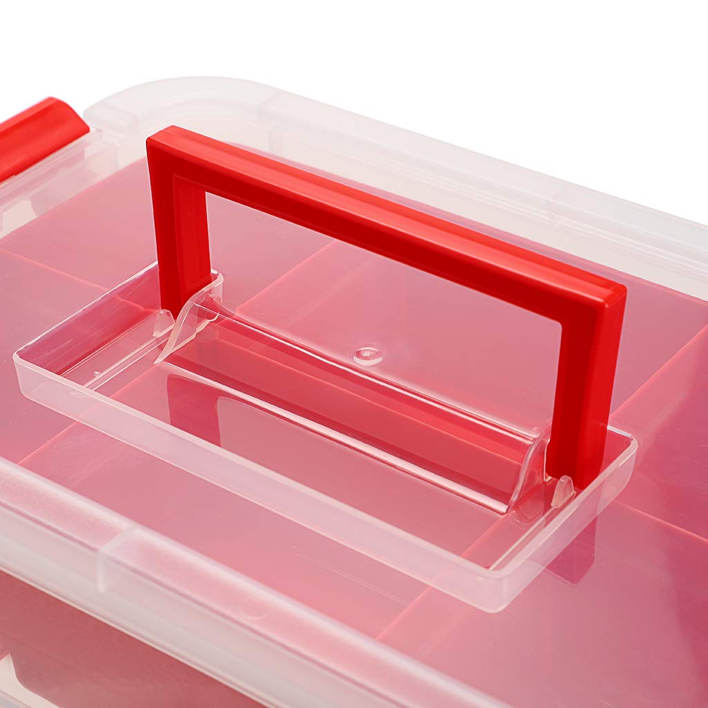 JUXYES 3-Tiers Stack Carry Storage Box With Divided Tray  Transparent Stackable Storage Bin With Handle Lid Latching Storage Container for School & Office Supplies (Red)