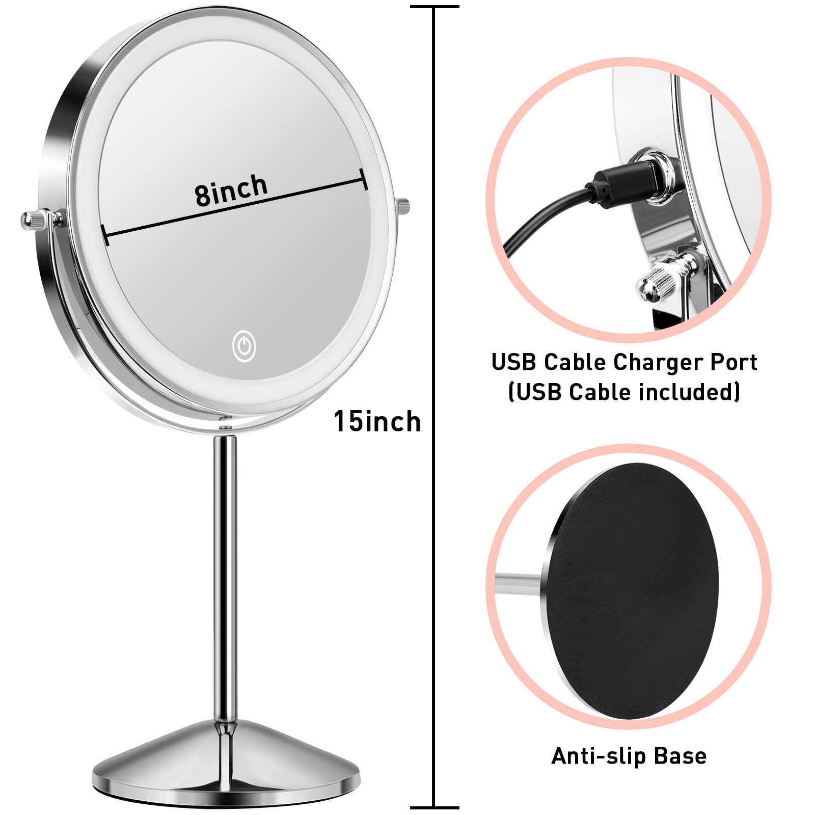 Kumers Lighted Makeup Mirror With Magnification, 10X 8Rechargeable Double Sided Vanity Mirror With Lights Magnifying Makeup Mirr
