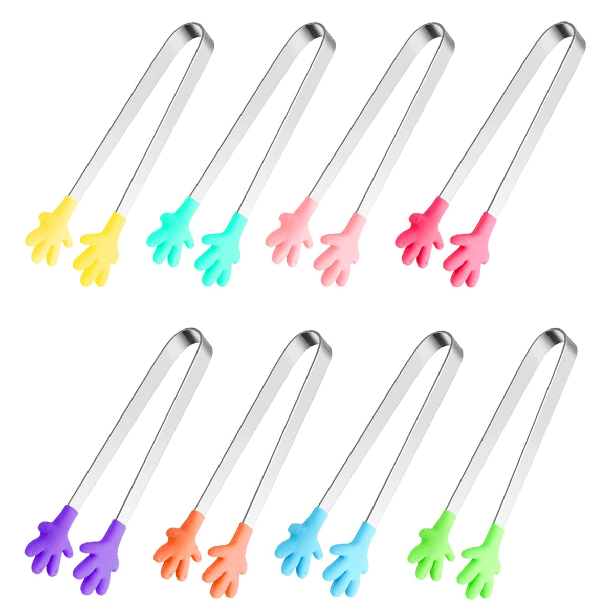 8Pcs Silicone Mini Tongs, 5Inch Hand Shape Food Tongs, Colourful Small Kids Tongs For Serving Food, Ice Cube, Fruits, Sugar, Bar