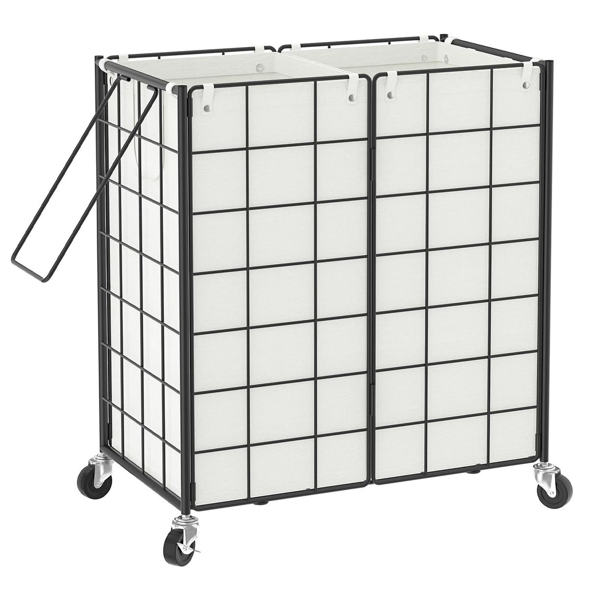 Wowlive Double Laundry Hamper With Wheels,Metal Wire Frame Rolling Laundry Basket With 2 Removable Bags,120L Dirty Clothes Hampe