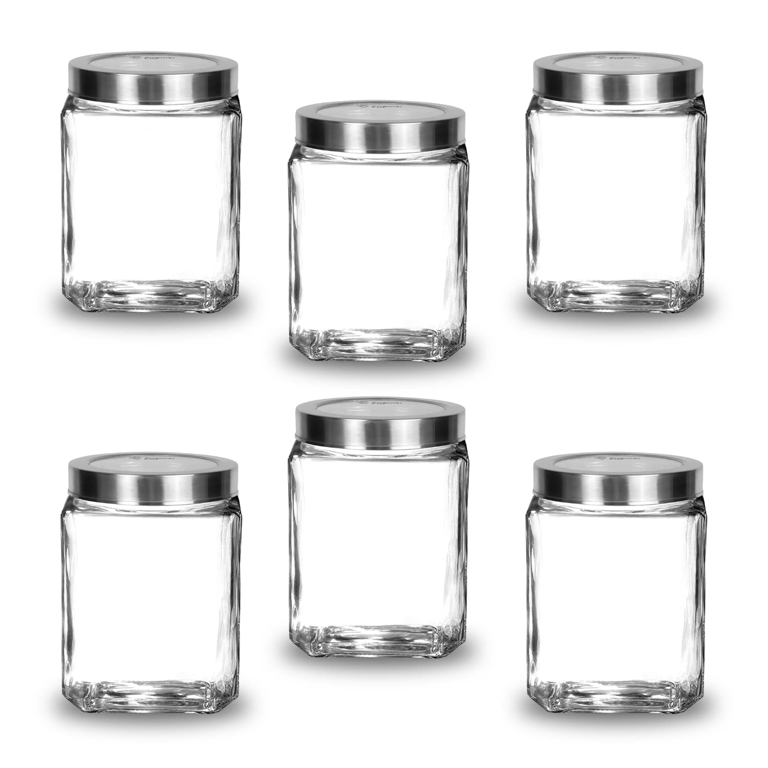 Croco Silver Steel Transparent Clear L Lid Square Cube Glass Jars (Steel Set Of 6, 600 Ml)