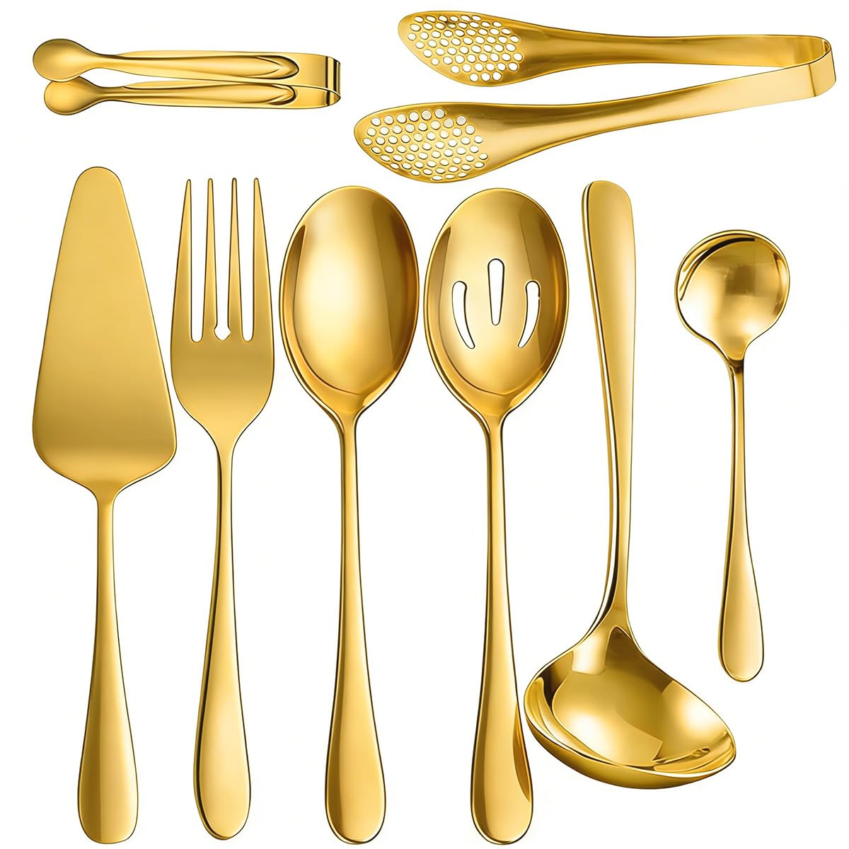 8 PCS Stainless Steel Serving Utensils, Ice Suger Tongs, Large Serving Spoons Slotted Spoons, Cake Server, Forks, Soup Ladle, Me