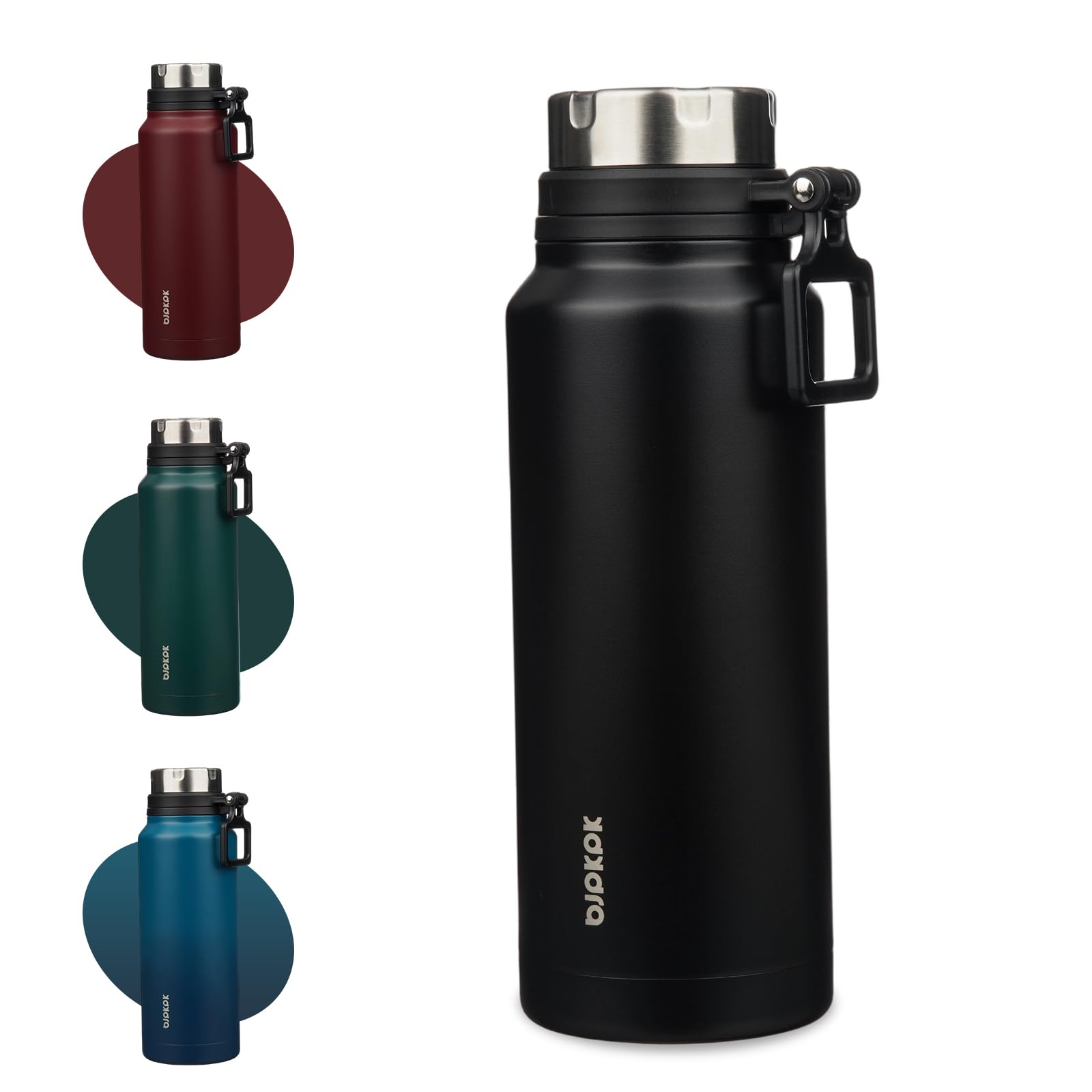 BJPKPK 40oz Insulated Water Bottle with Handle BPA Free Stainless Steel Travel Thermal Flask Reusable Large Water Bottle,Black