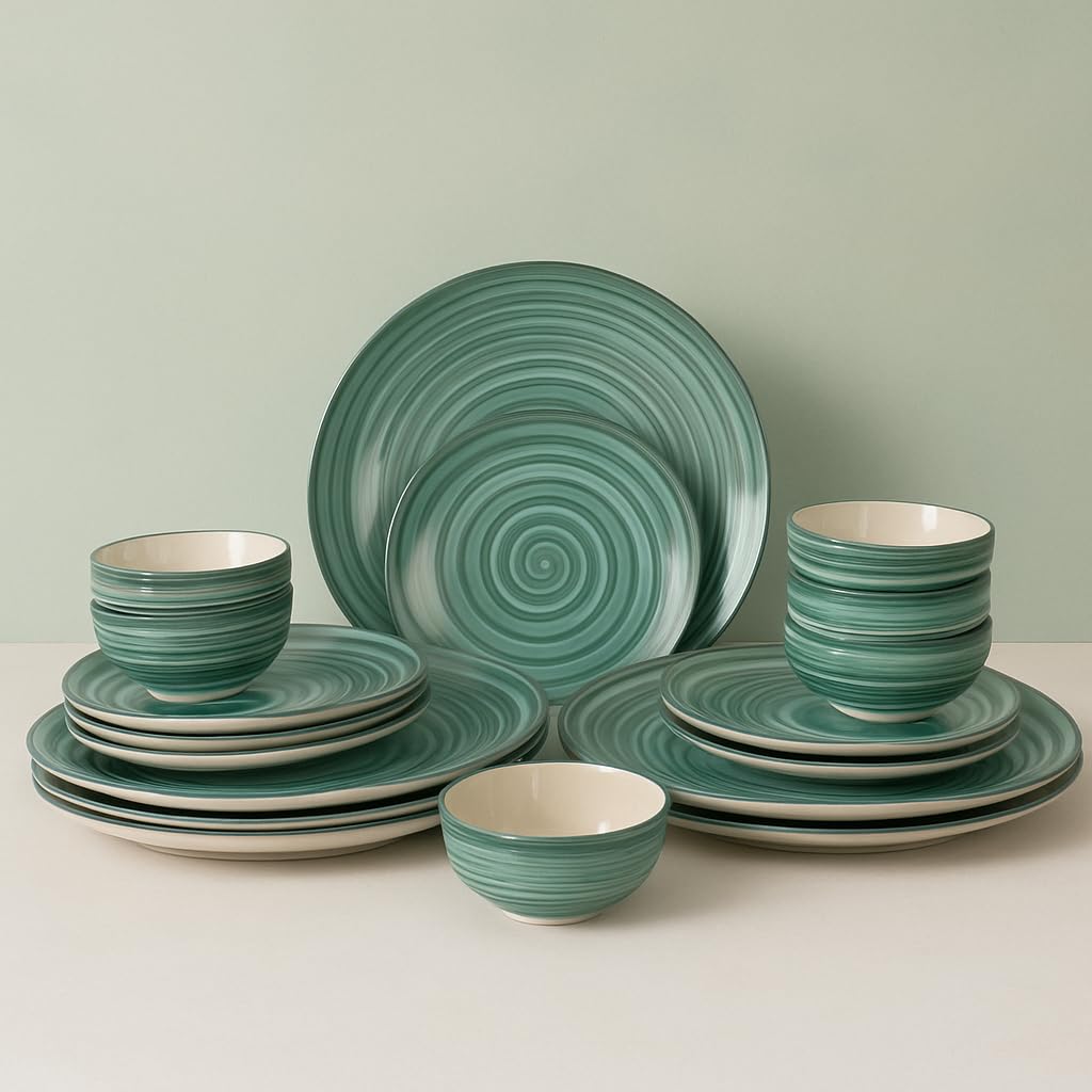 Artysta Sea Swirls Ceramic Dinner Set Of 18 Piece | 6 Ceramic Dinner Plate, 6 Quarter Plate And 6 Bowl Set | Handcrafted Stone