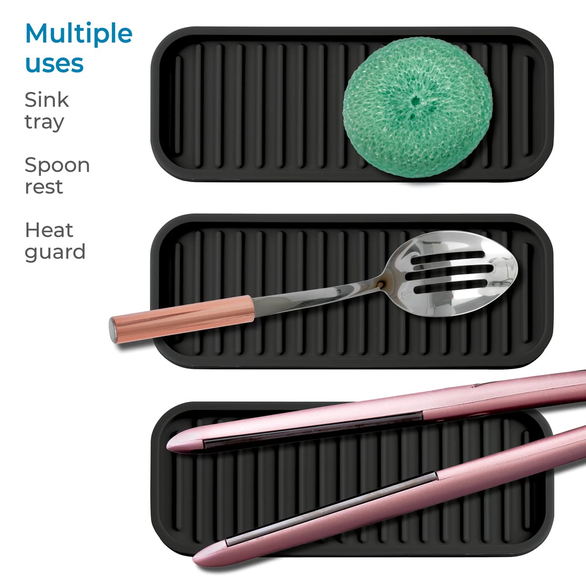 Idesign Lineo Silicone Kitchen Sink Tray For Sponges, Scrubbers, Soap, Stovetop Spoon Holder, 9'' X 3.5'' X 0.5'', Black