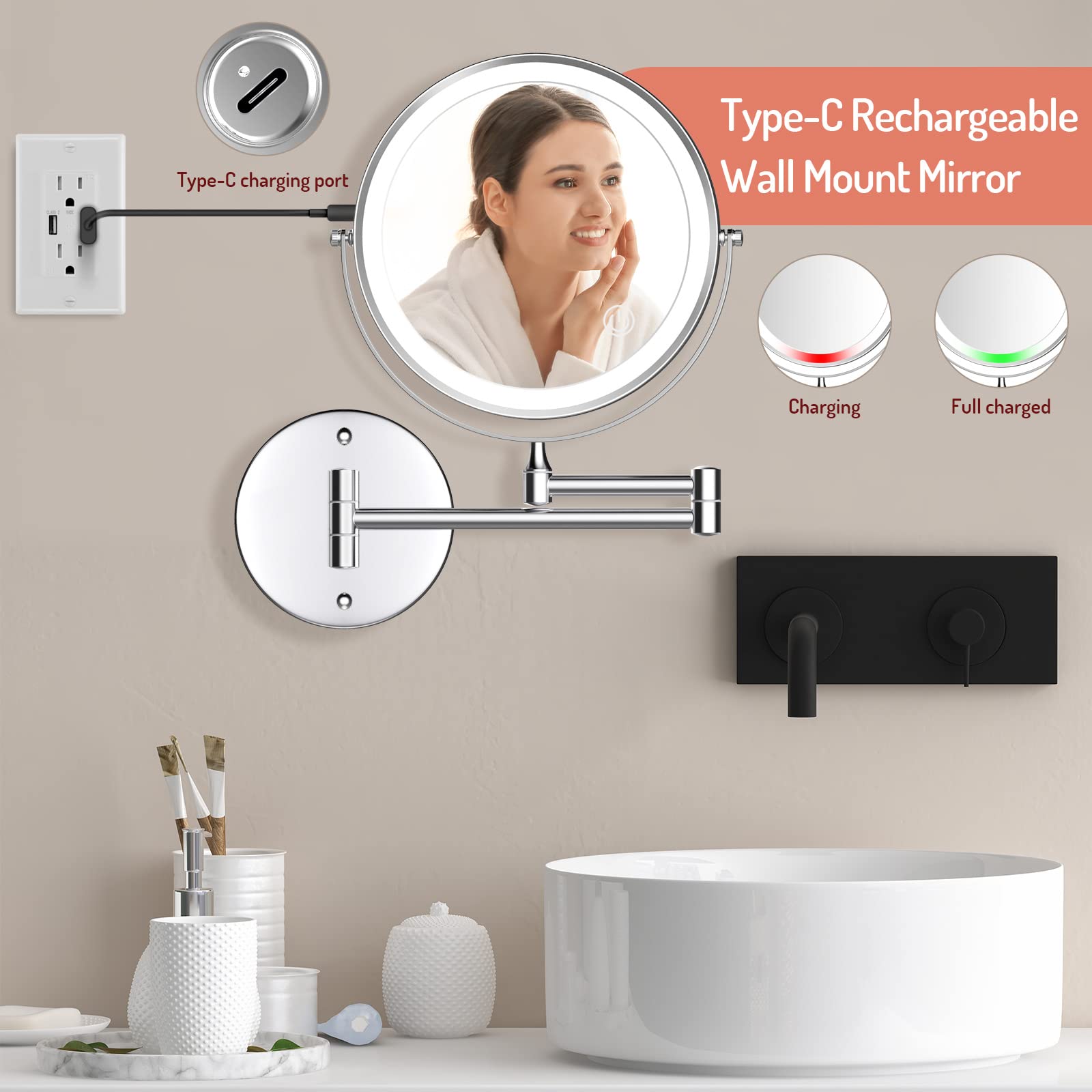 Rocollos Rechargeable Wall Mounted Lighted Makeup Mirror Chrome  8 Inch Double-Sided LED Vanity Mirror 1X/10X Magnification 3 Color Lights Touch Screen Dimmable 360Swivel 13 Inch Extendable