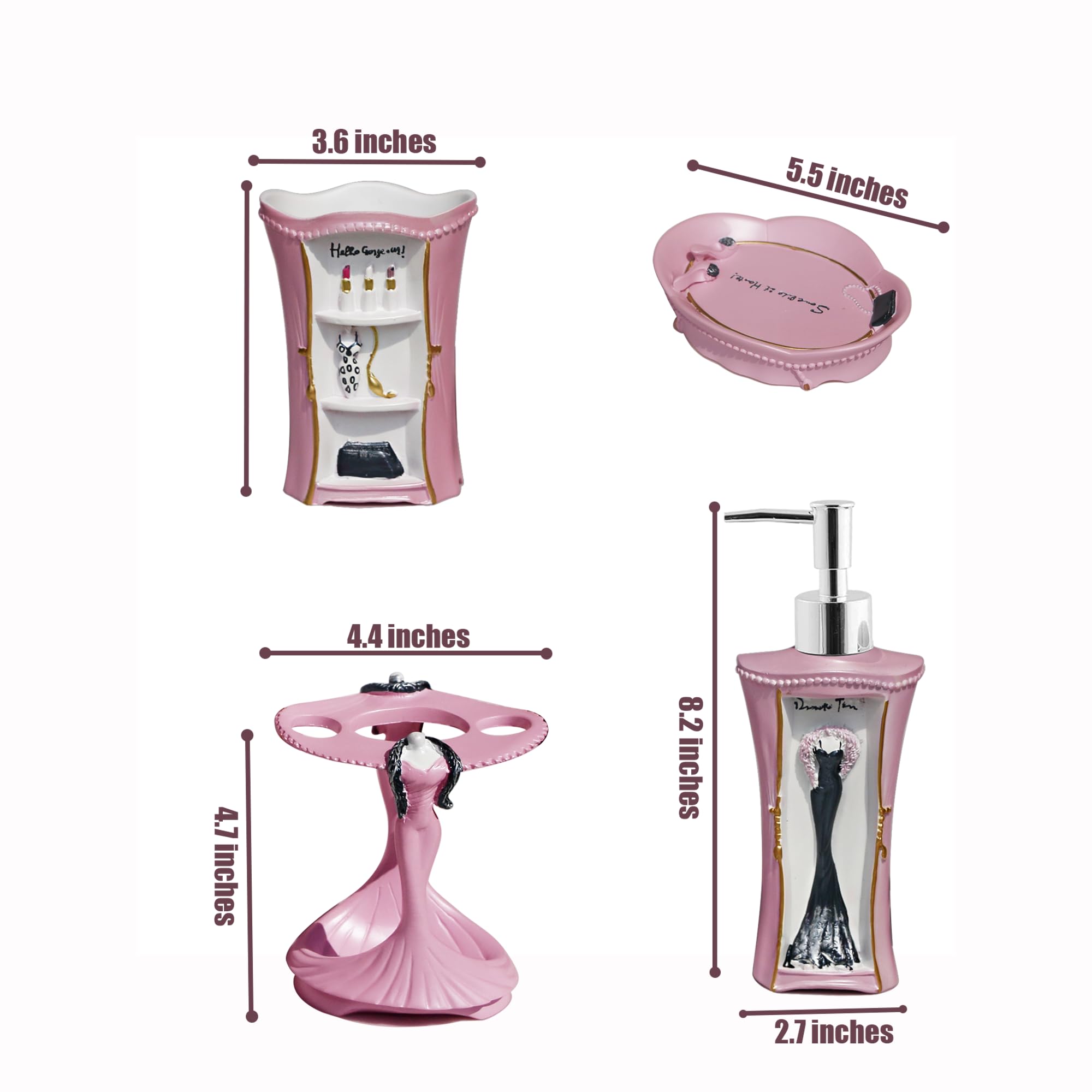 5 Piece Bathroom Accessories Set, Collection Bath Set Features Soap Dispenser, Toothbrush Holder, Tumbler, & Soap Dish (Pink)