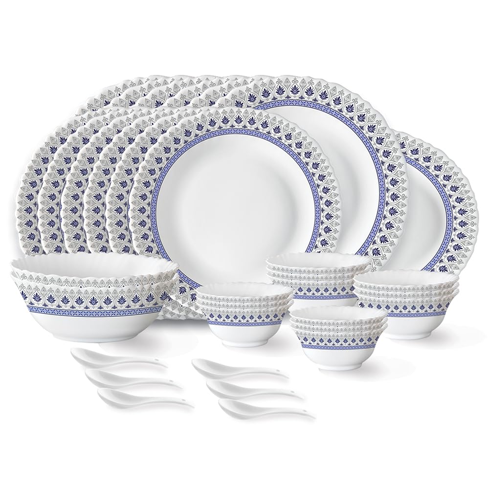 Larah By Borosil Ocean Fluted Series Opalware Dinner Set | 33 Pieces For Family Of 6 | Microwave & Dishwasher Safe | BoneAsh Fr