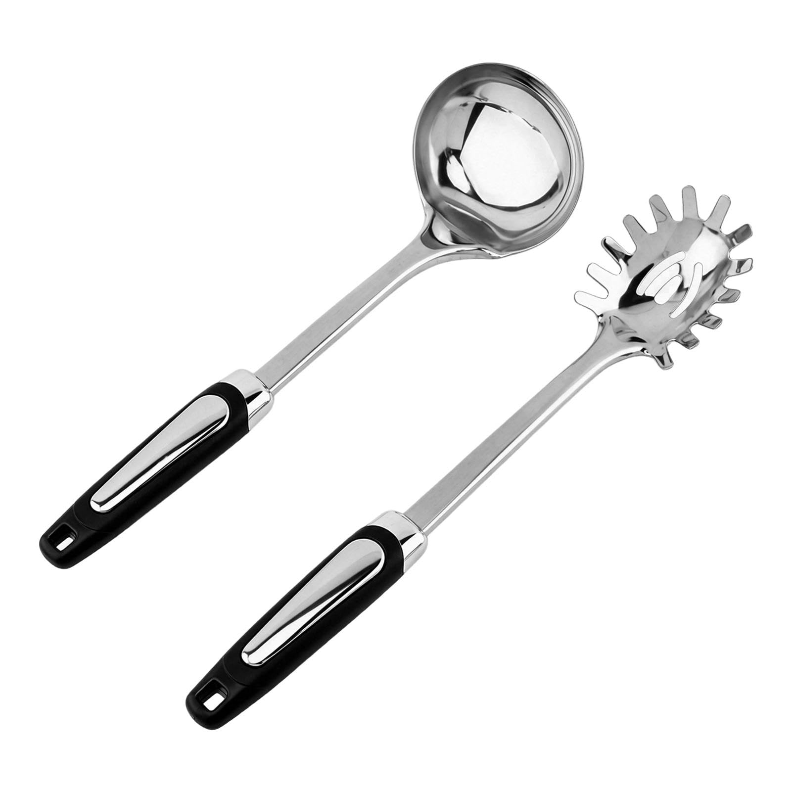 Stainless Steel Ladle & Spaghetti Spoon Set, Heat Resistant Rubber Handle