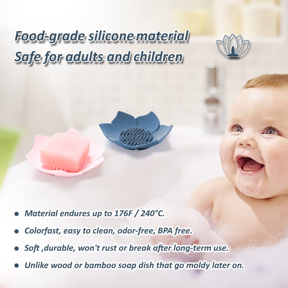 Soap Dishes With Draining, Bathroom Bar Soap Holder For Shower, Soap Tray For Kitchen Sink, Silicone Flower Shape Soap Saver For