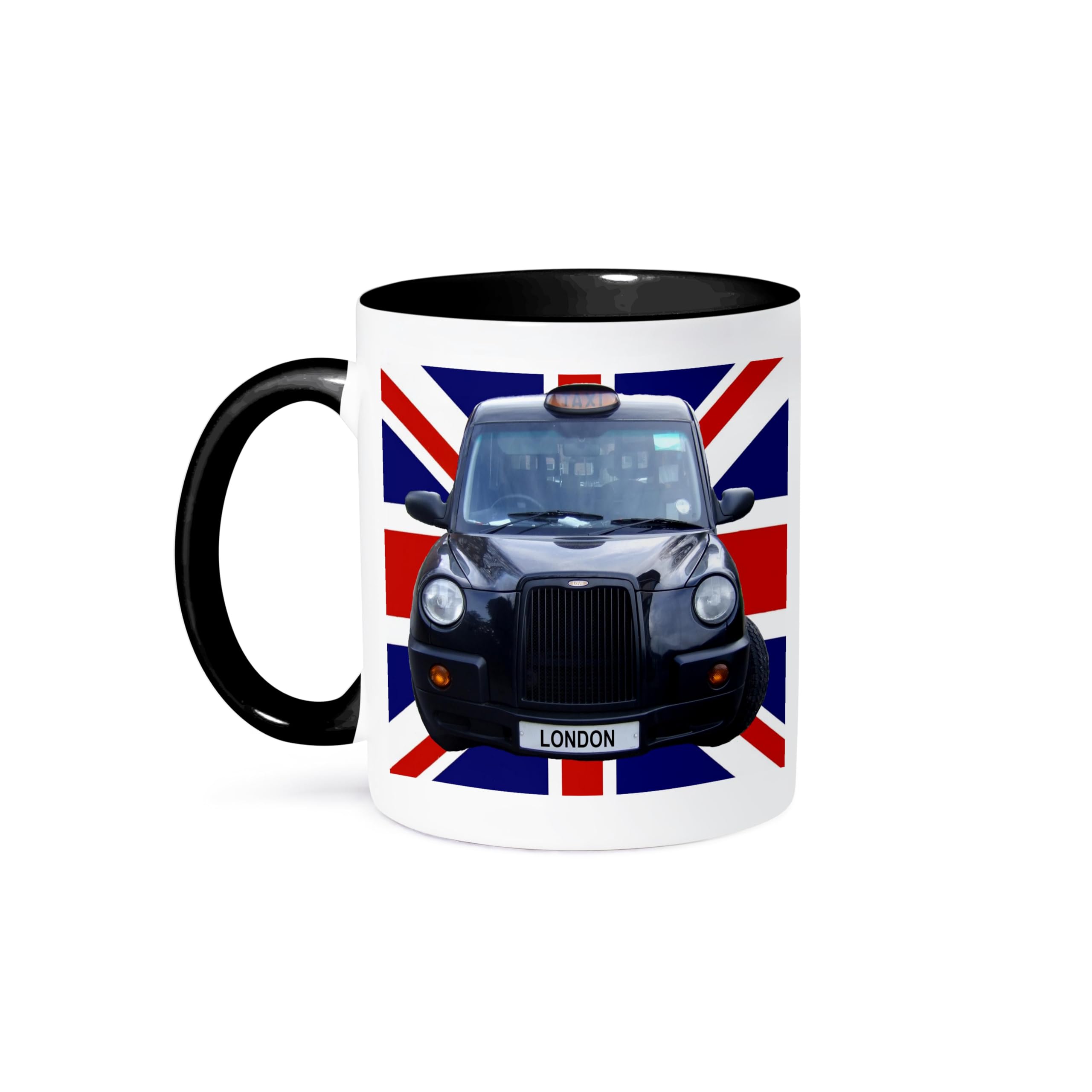 3dRose London Black Taxi Cab on British Flag Union Jack Background Uk Great Britain United Kingdom Travel Two Tone Black Mug, 11