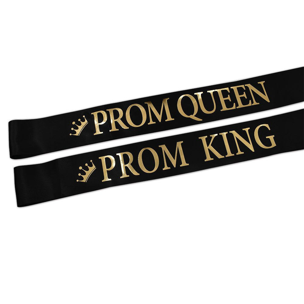 'Prom King'' And ''Prom Queen'' Sashes - Graduation Party School Party Accessories, Black With Gold Print