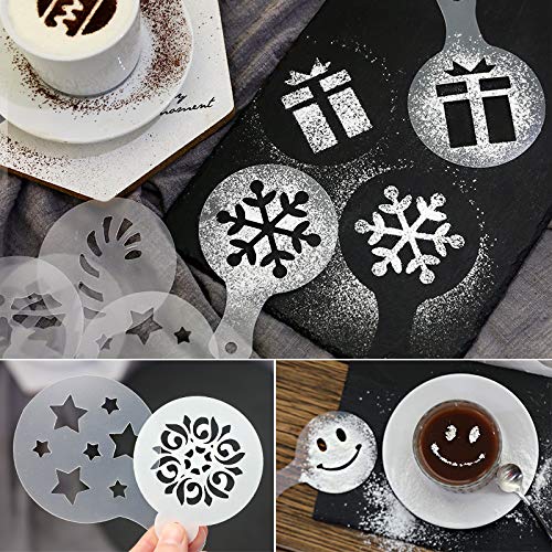 36 Coffee Decorating Stencils + 2 Stainless Steel Mesh Powder Shaker, Magnoloran Foam Latte Art Stencils Barista Templates For D