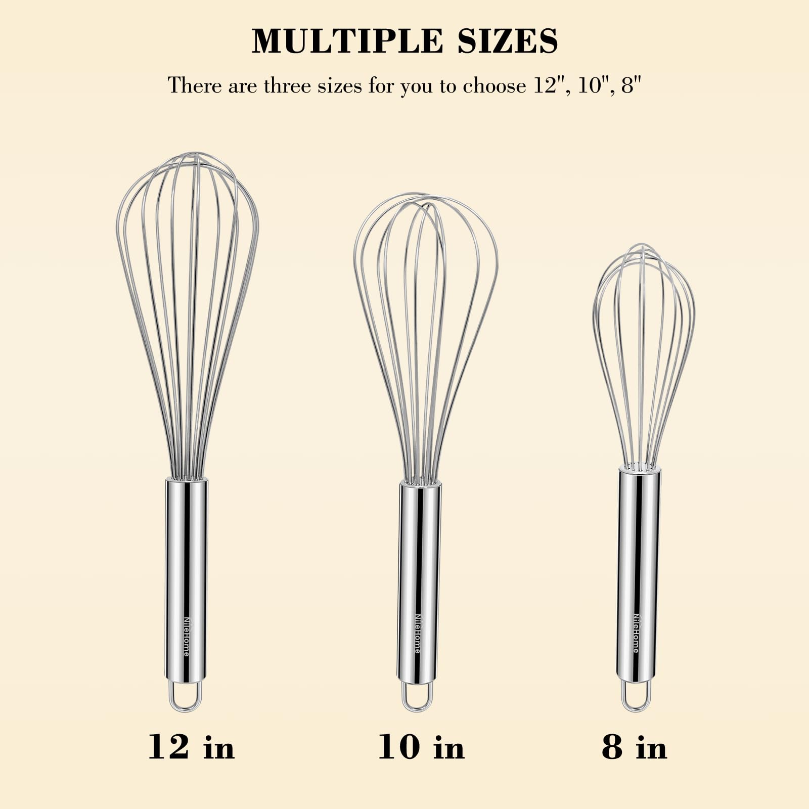 Nilehome Stainless Steel Whisk Set 8'' 10'' 12'' Kitchen Whisk Balloon Whisk Kitchen Wisk Wire Whisks For Cooking, Whisking, Ble