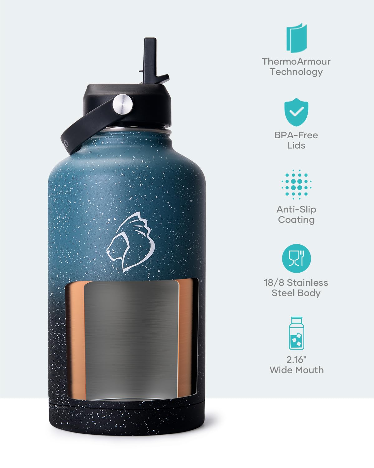 BUZIO 64oz Insulated Water Bottle with Straw Lid  Half Gallon Double Wall Food-Grade Stainless Steel Water Bottle with Carrying Pouch  Wide Mouth BPA-Free Sweat-Proof Sports Water Flask  Keep Hot Cold