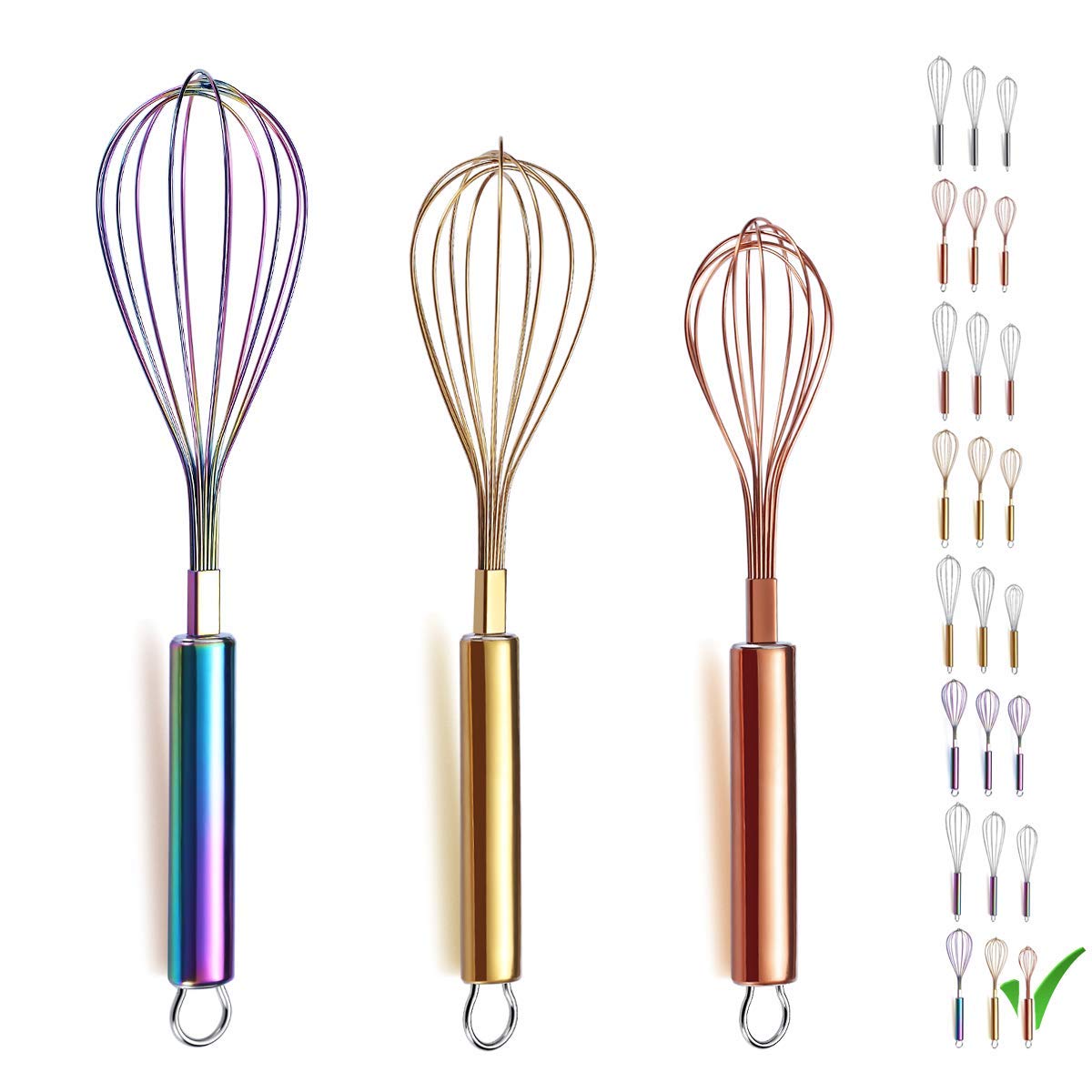Berglander Colorful Whisk Pack Of 3 Stainless Steel 8'' Gold Whisks For Cooking, 10'' Rose Gold Whisk, 12'' Rainbow Whisk, Wire