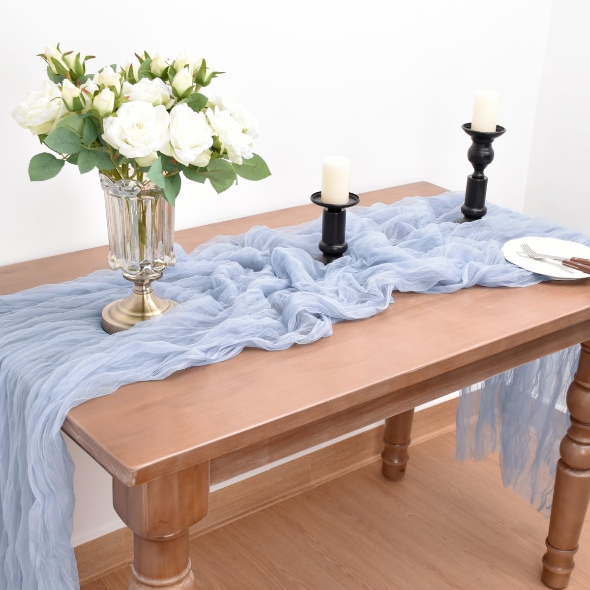 Joanlody Blue Cheesecloth Table Runner Fall Thanksgiving 10Ft Rustic Gauze Boho Cheese Cloth Table Runner for Wedding Bridal Bab
