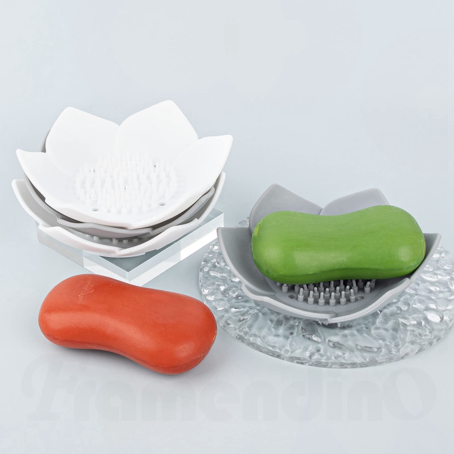 Framendino, 4 Pack Silicone Soap Dishes, Flexible Non-Slip Floral Shaped Design Self-Draining Sponge Bar Soap Holder Flower Shap
