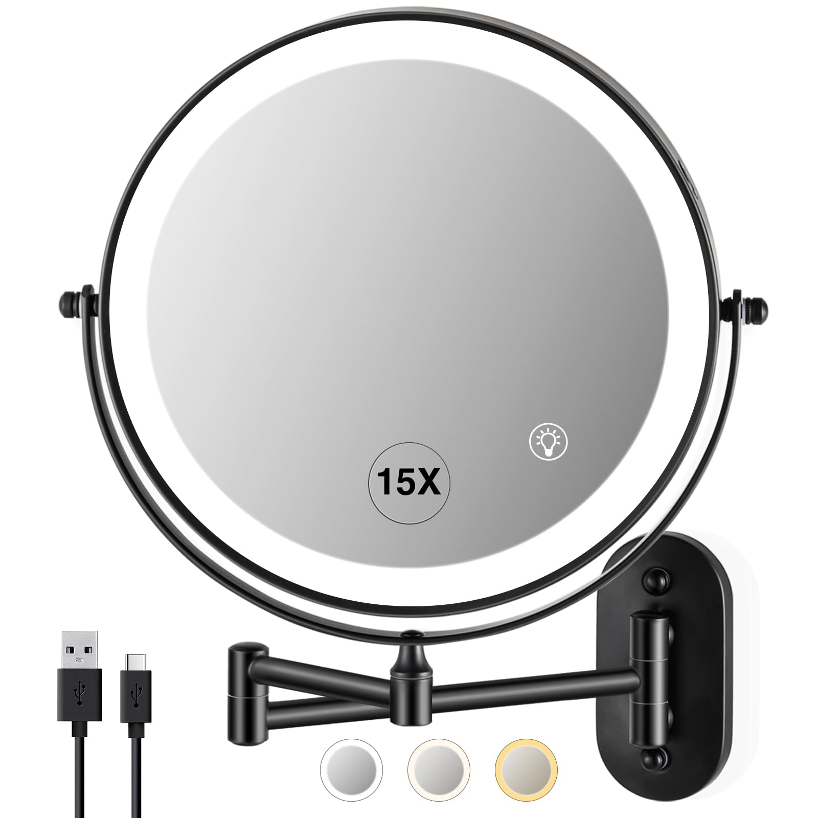 Greenfrom Magnifying Mirror With Lights 1X/15X Rechargeable: 8.5 Inch Wall Mounted Lighted Makeup Mirror For Bathroom